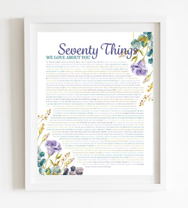 70 Things We Love About You Purple Floral DIGITAL Print; 70th Birthday; Grandmas Birthday; Friend's 70th Birthday; Mom's 70th