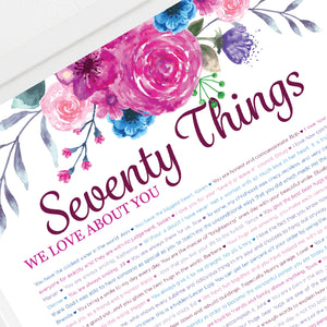 70 Things We Love About You Pink Floral DIGITAL Print; 70th Birthday; Grandmas Birthday; Friend's 70th Birthday; Mom's 70th