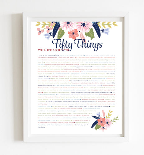 50 Things We Love About You Blue Floral DIGITAL Print; 50th Birthday; Sisters 50th; Wife's 50th Birthday; Friend's 50th Birthday; Mom's 50th