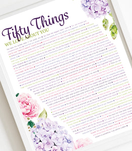 50 Things We Love About You Hydrangea DIGITAL Print; 50th Birthday; Sisters 50th; Wife's 50th Birthday; Friend's 50th Birthday; Mom's 50th