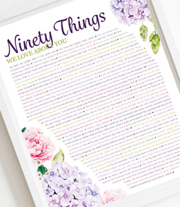 90 Things We Love About You Hydrangea DIGITAL Print; 90th Birthday; Sisters 90th; Grandmas Birthday; Friend's 90th Birthday; Mom's 90th