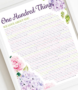 100 THINGS We Love About You Hydrangea DIGITAL Print; 100th Birthday; Grandmas Birthday; Friend's 100th Birthday; Mom's 100th