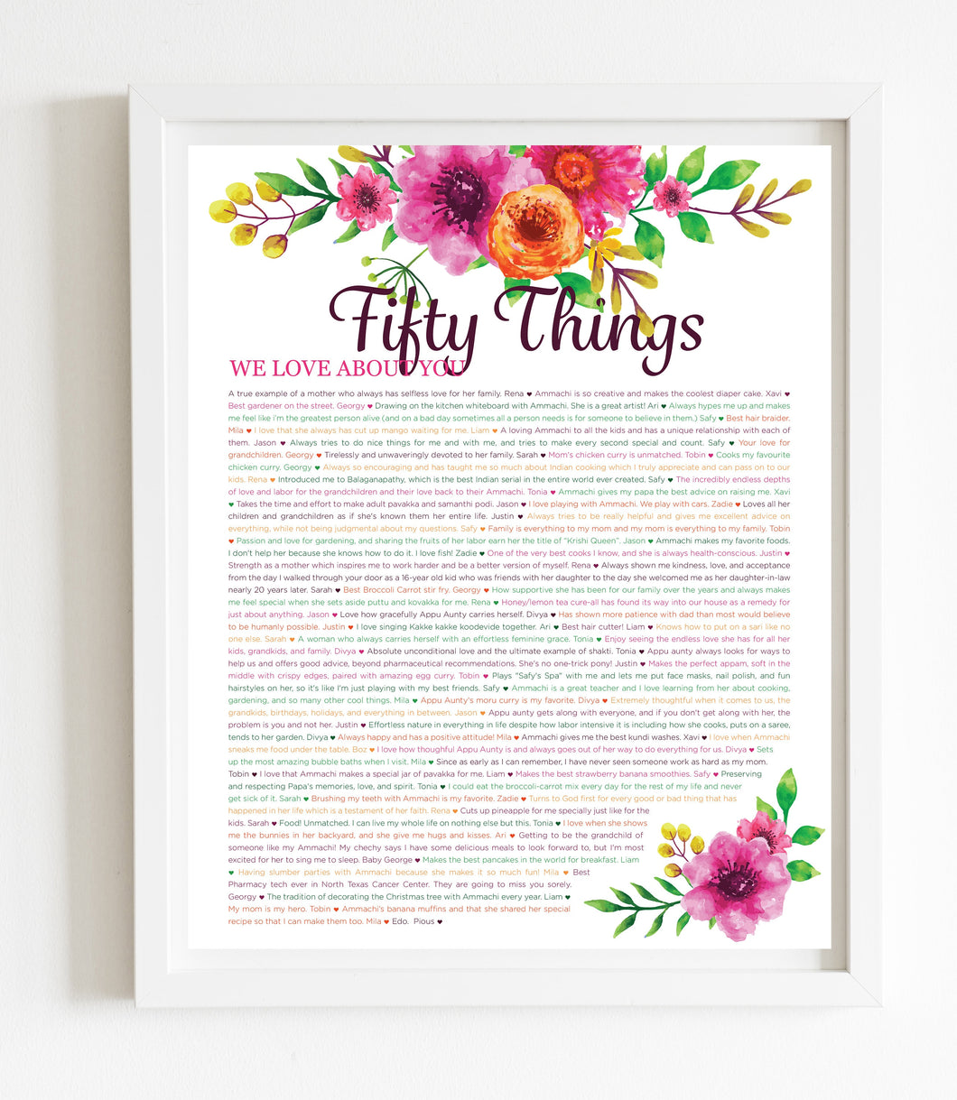 50 Things We Love About You Orange Floral DIGITAL Print; 50th Birthday; Wife's 50th Birthday; Friend's 50th Birthday; Mom's 50th