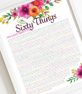 60 Things We Love About You Orange Floral DIGITAL Print; 60th Birthday; Wife's 60th Birthday; Friend's 60th Birthday; Mom's 60th