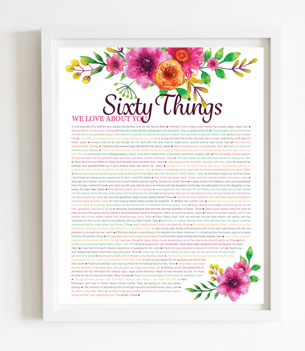 60 Things We Love About You Orange Floral DIGITAL Print; 60th Birthday; Wife's 60th Birthday; Friend's 60th Birthday; Mom's 60th