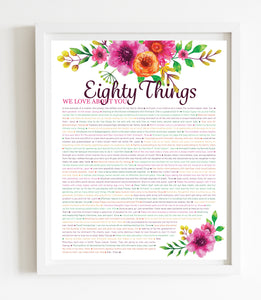 80 Things We Love About You Orange Floral DIGITAL Print; 80th Birthday; Grandmas Birthday; Friend's 80th Birthday; Mom's 80th