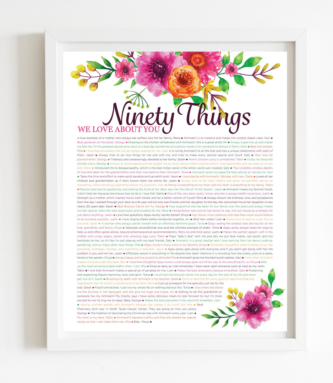 90 Things We Love About You Orange Floral DIGITAL Print; 90th Birthday; Grandmas Birthday; Friend's 90th Birthday; Mom's 90th