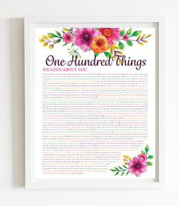 100 Things  We Love About You Orange Floral DIGITAL Print; 100th Birthday; Grandmas Birthday; Mom's 100th Birthday