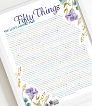 Load image into Gallery viewer, 50 Things We Love About You Purple Floral DIGITAL Print; 50th Birthday; Wife&#39;s 50th Birthday; Friend&#39;s 50th Birthday; Mom&#39;s 50th