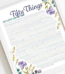 50 Things We Love About You Purple Floral DIGITAL Print; 50th Birthday; Wife's 50th Birthday; Friend's 50th Birthday; Mom's 50th