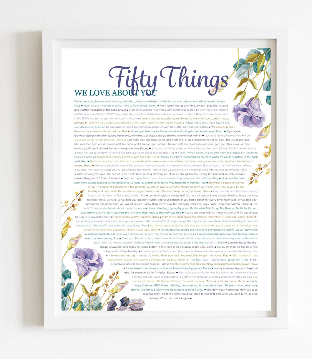 50 Things We Love About You Purple Floral DIGITAL Print; 50th Birthday; Wife's 50th Birthday; Friend's 50th Birthday; Mom's 50th