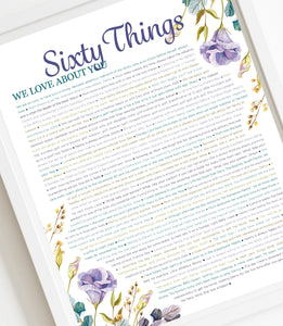 60 Things We Love About You Purple Floral DIGITAL Print; 60th Birthday; Wife's 60th Birthday; Friend's 60th Birthday; Mom's 60th