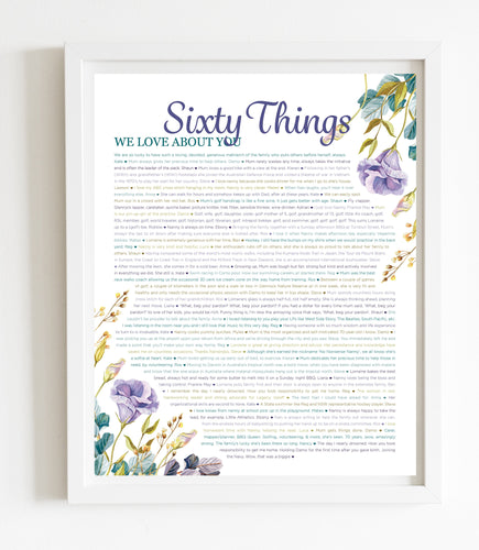 60 Things We Love About You Purple Floral DIGITAL Print; 60th Birthday; Wife's 60th Birthday; Friend's 60th Birthday; Mom's 60th