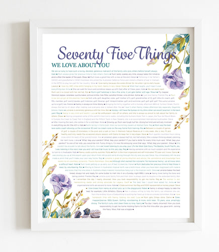 75 Things We Love About You Purple Floral DIGITAL Print; 75th Birthday; Grandmas Birthday; Friend's 75th Birthday; Mom's 75th