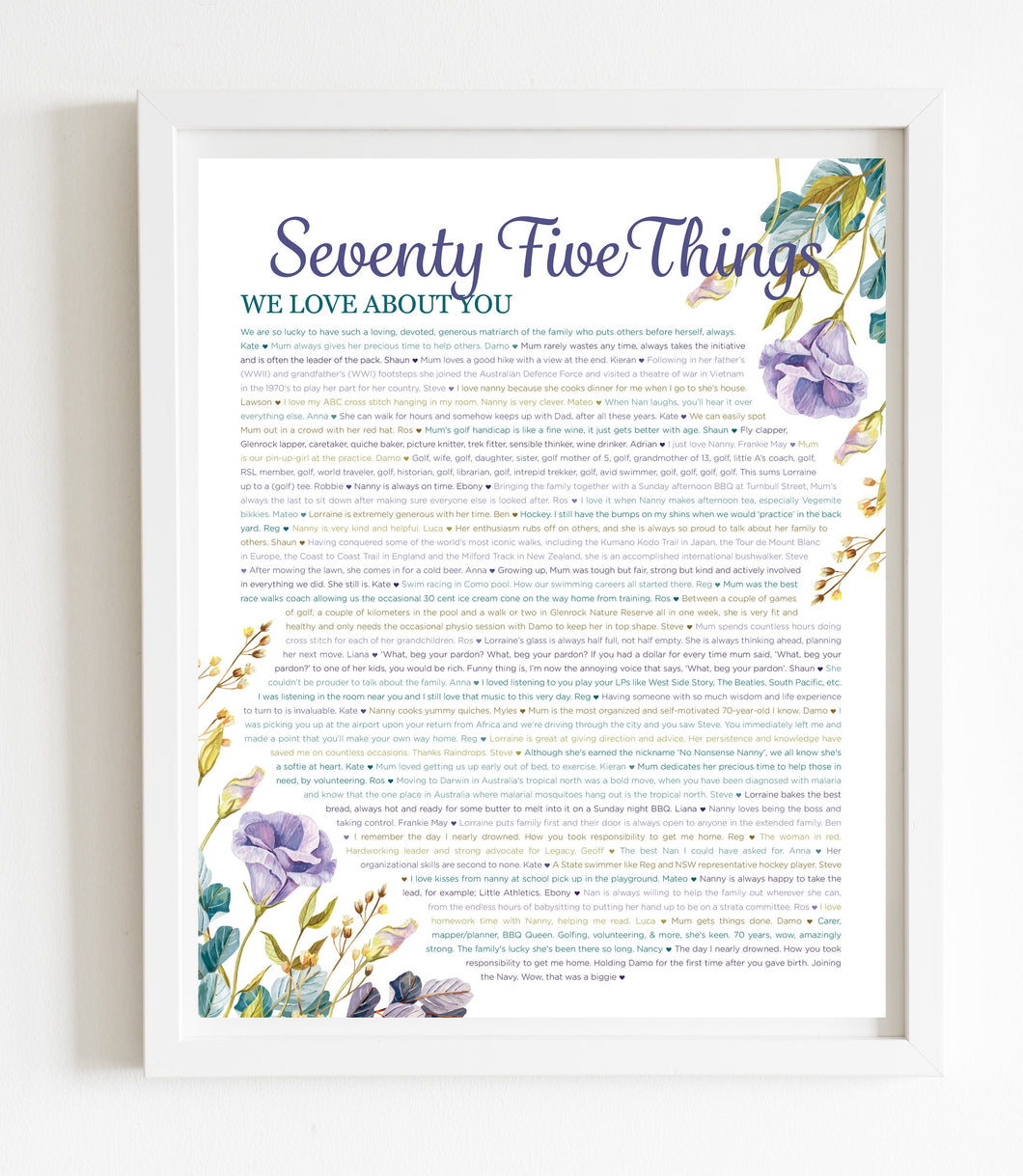 75 Things We Love About You Purple Floral DIGITAL Print; 75th Birthday; Grandmas Birthday; Friend's 75th Birthday; Mom's 75th
