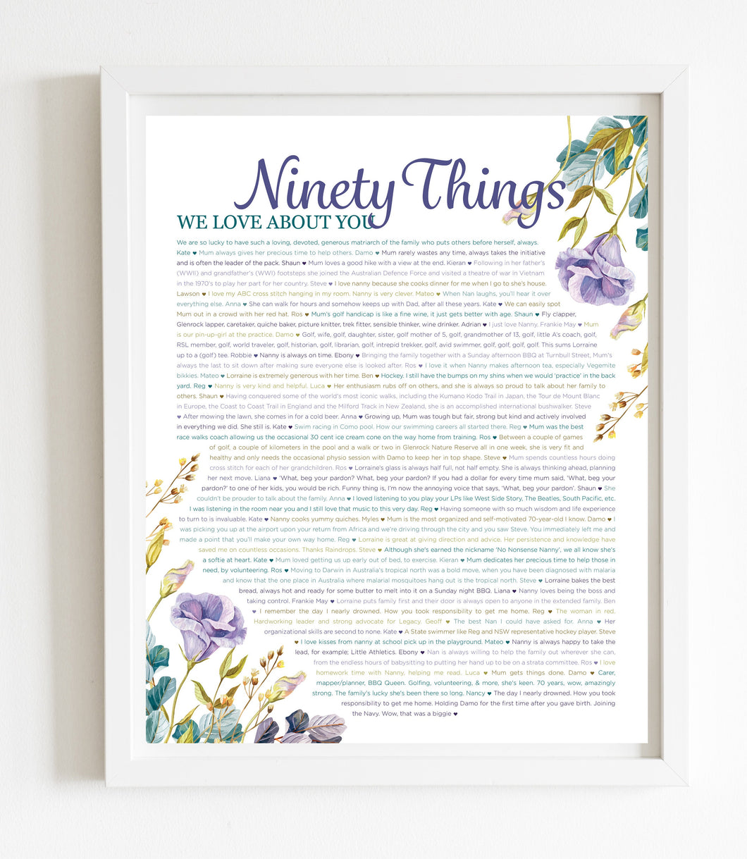 90 Things We Love About You Purple Floral DIGITAL Print; 90th Birthday; Grandmas Birthday; Friend's 90th Birthday; Mom's 90th