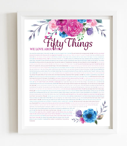 50 Things We Love About You Pink Floral DIGITAL Print; 50th Birthday; Wife's 50th Birthday; Friend's 50th Birthday; Mom's 50th