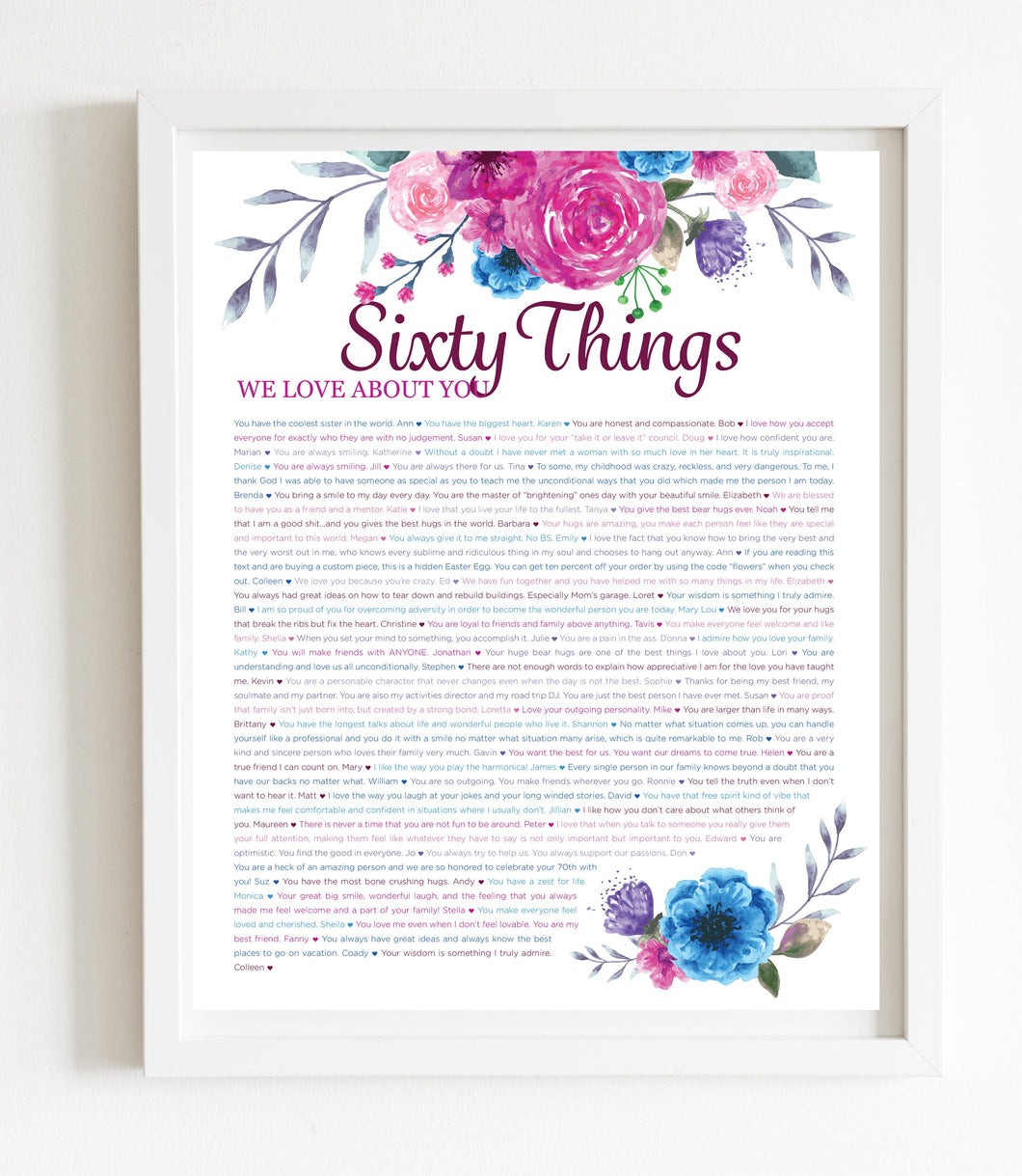 60 Things We Love About You Pink Floral DIGITAL Print; 60th Birthday; Wife's 60th Birthday; Friend's 60th Birthday; Mom's 60th