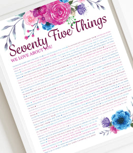 75 Things We Love About You Pink Floral DIGITAL Print; 75th Birthday; Grandmas Birthday; Friend's 75th Birthday; Mom's 75th