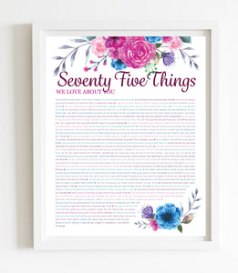 75 Things We Love About You Pink Floral DIGITAL Print; 75th Birthday; Grandmas Birthday; Friend's 75th Birthday; Mom's 75th