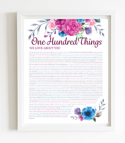100 Things We Love About You Pink Floral DIGITAL Print; 100th Birthday; Grandmas Birthday; Friend's 100th Birthday; Mom's 100th