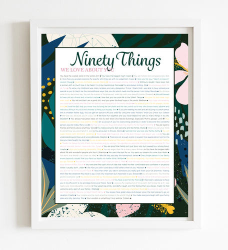 90 Things We Love About You Navy Tropical DIGITAL Print; 90th Birthday; Grandmas Birthday; Friend's 90th Birthday; Mom's 90th