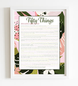 50 Things We Love About You Pink Tropical DIGITAL Print; 50th Birthday; Wife's 50th Birthday; Friend's 50th Birthday; Mom's 50th