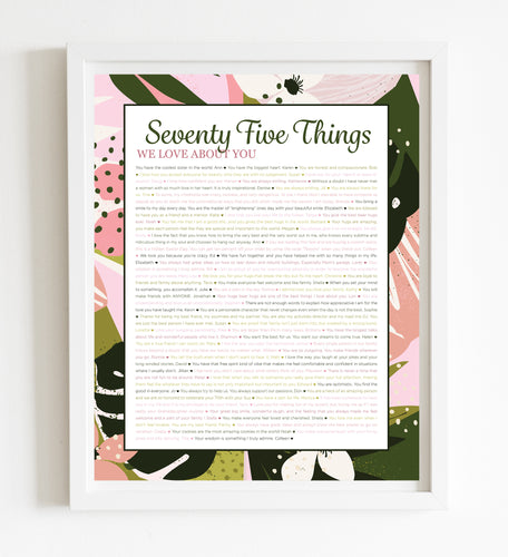 75 Things We Love About You Pink Tropical DIGITAL Print; 75th Birthday; Grandmas Birthday; Friend's 75th Birthday; Mom's 75th