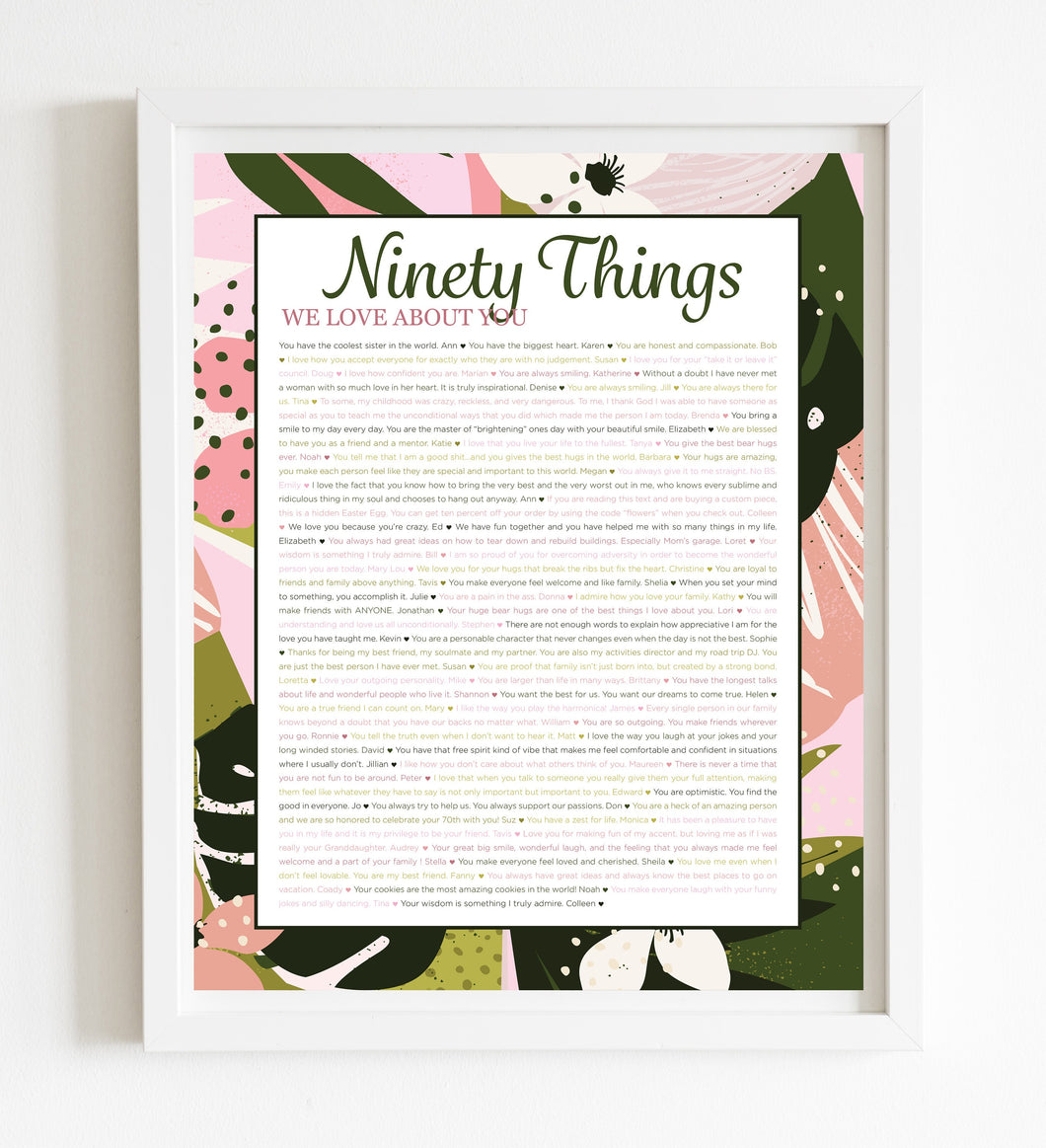 90 Things We Love About You Pink Tropical DIGITAL Print; 90th Birthday; Grandmas Birthday; Friend's 90th Birthday; Mom's 90th