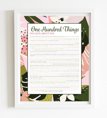 100 Things We Love About You Pink Tropical DIGITAL Print; 100th Birthday; Grandmas Birthday; Friend's 100th Birthday; Mom's 100th