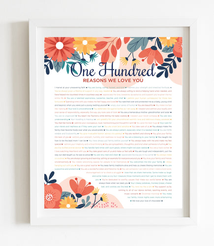 100 Reasons We Love You Birthday Print; Bright Floral Digital Print; 100th Birthday; Grandmas Birthday; Mom's 100th Birthday