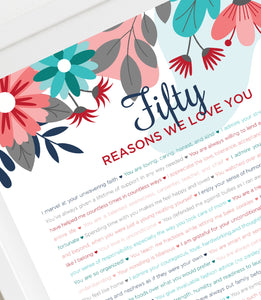 50 Reasons We Love You Turquoise Floral DIGITAL Print; 50th Birthday; Wife's 50th Birthday; Friend's 50th Birthday; Mom's 50th
