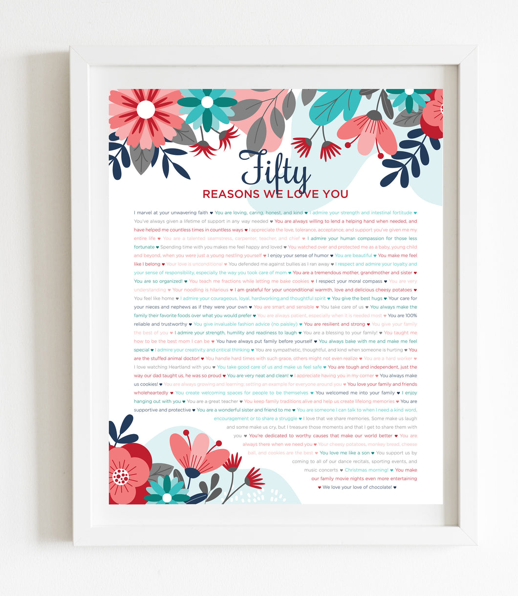 50 Reasons We Love You Turquoise Floral DIGITAL Print; 50th Birthday; Wife's 50th Birthday; Friend's 50th Birthday; Mom's 50th