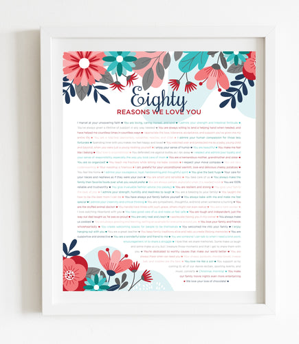 80 Reasons We Love You Turquoise Floral DIGITAL Print; 80th Birthday; Grandmas Birthday; Friend's 80th Birthday; Mom's 80th