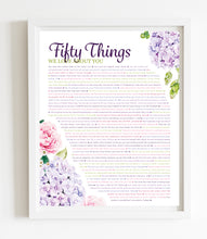 Load image into Gallery viewer, 50 Things We Love About You Hydrangea DIGITAL Print; 50th Birthday; Sisters 50th; Wife&#39;s 50th Birthday; Friend&#39;s 50th Birthday; Mom&#39;s 50th