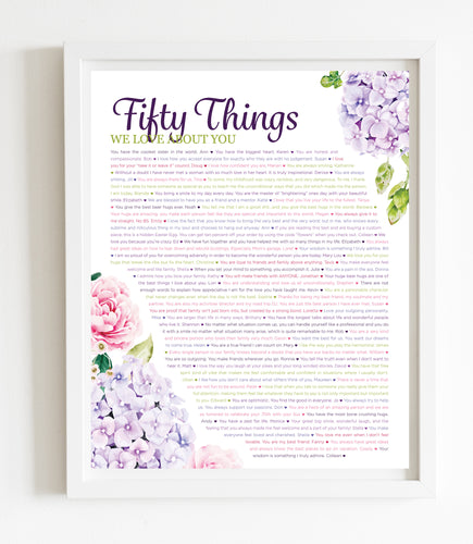 50 Things We Love About You Hydrangea DIGITAL Print; 50th Birthday; Sisters 50th; Wife's 50th Birthday; Friend's 50th Birthday; Mom's 50th