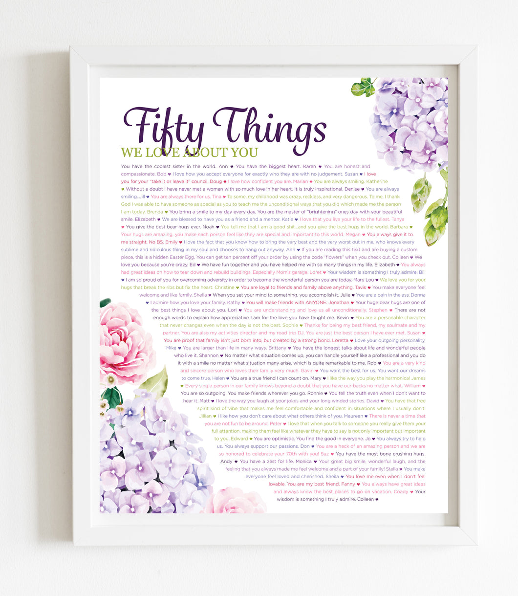 50 Things We Love About You Hydrangea DIGITAL Print; 50th Birthday; Sisters 50th; Wife's 50th Birthday; Friend's 50th Birthday; Mom's 50th