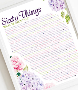 60 Things We Love About You Hydrangea DIGITAL Print; 60th Birthday; Sisters 60th; Wife's 60th Birthday; Friend's 60th Birthday; Mom's 60th