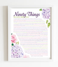 Load image into Gallery viewer, 90 Things We Love About You Hydrangea DIGITAL Print; 90th Birthday; Sisters 90th; Grandmas Birthday; Friend&#39;s 90th Birthday; Mom&#39;s 90th