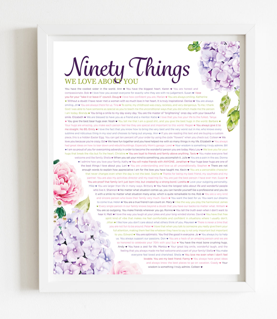 90 Things We Love About You Hydrangea DIGITAL Print; 90th Birthday; Sisters 90th; Grandmas Birthday; Friend's 90th Birthday; Mom's 90th