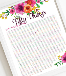 50 Things We Love About You Orange Floral DIGITAL Print; 50th Birthday; Wife's 50th Birthday; Friend's 50th Birthday; Mom's 50th