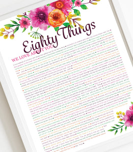 80 Things We Love About You Orange Floral DIGITAL Print; 80th Birthday; Grandmas Birthday; Friend's 80th Birthday; Mom's 80th