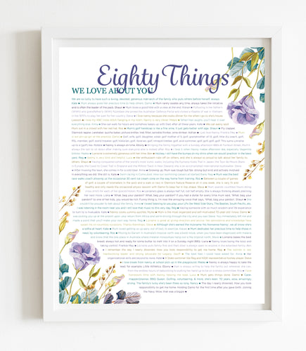 80 Things We Love About You Purple Floral DIGITAL Print; 80th Birthday; Grandmas Birthday; Friend's 80th Birthday; Mom's 80th