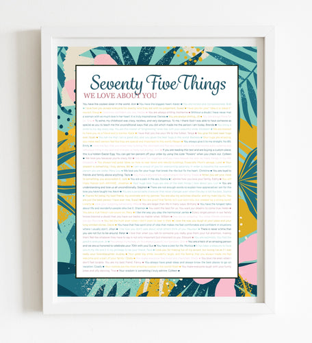 75 Things We Love About You Aqua Tropical DIGITAL Print; 75th Birthday; Grandmas Birthday; Friend's 75th Birthday; Mom's 75th