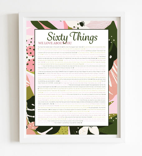 60 Things We Love About You Pink Tropical DIGITAL Print; 60th Birthday; Wife's 60th Birthday; Friend's 60th Birthday; Mom's 60th