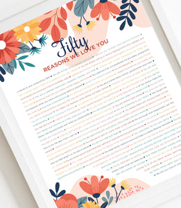 50 Reasons We Love You Bright Floral DIGITAL Print; 50th Birthday; Wife's 50th Birthday; Friend's 50th Birthday; Mom's 50th