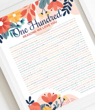 Load image into Gallery viewer, 100 Reasons We Love You Birthday Print; Bright Floral Digital Print; 100th Birthday; Grandmas Birthday; Mom&#39;s 100th Birthday