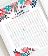 Load image into Gallery viewer, 50 Reasons We Love You Turquoise Floral DIGITAL Print; 50th Birthday; Wife&#39;s 50th Birthday; Friend&#39;s 50th Birthday; Mom&#39;s 50th