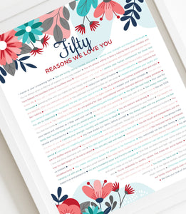 50 Reasons We Love You Turquoise Floral DIGITAL Print; 50th Birthday; Wife's 50th Birthday; Friend's 50th Birthday; Mom's 50th