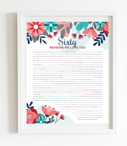 60 Reasons We Love You Turquoise Floral DIGITAL Print; 60th Birthday; Wife's 60th Birthday; Friend's 60th Birthday; Mom's 60th